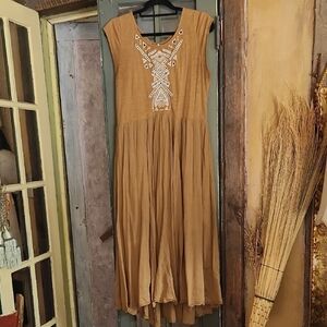 Free People Sleeveless Embroidered Maxi Dress in Camel Brown